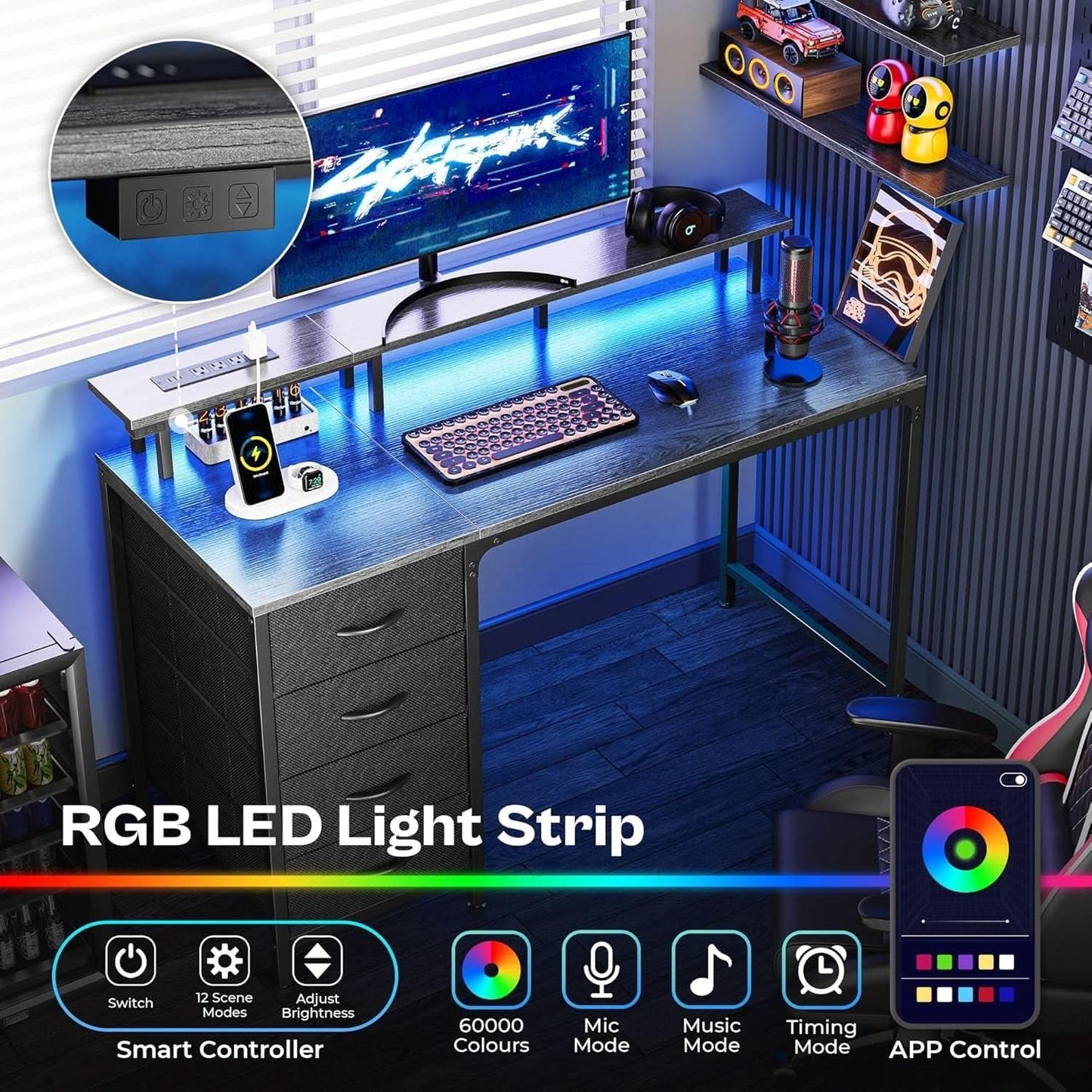 47 Inch Computer Desk With LED Lights For Home Office