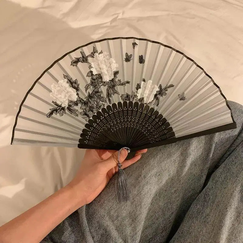 Portable Hand Fold Fan New Chinese Style Dance Props Retro Shell Fan Woman Men Bamboo Wood Silk Flower Folding Fan