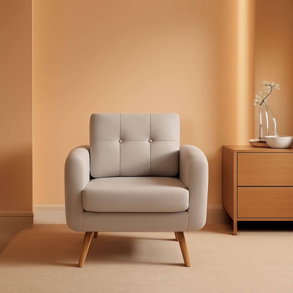 Beige Mid Century Accent Chair With Tufted Upholstery