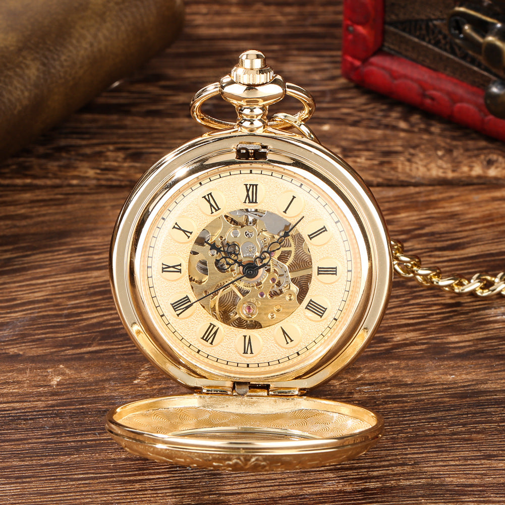 Retro Gold Hollow Out Roman Manual Mechanical Large Pocket Watch Chain Watch