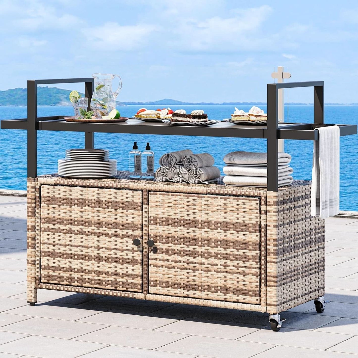 Large Outdoor Kitchen Rolling Cart With Black Glass Top