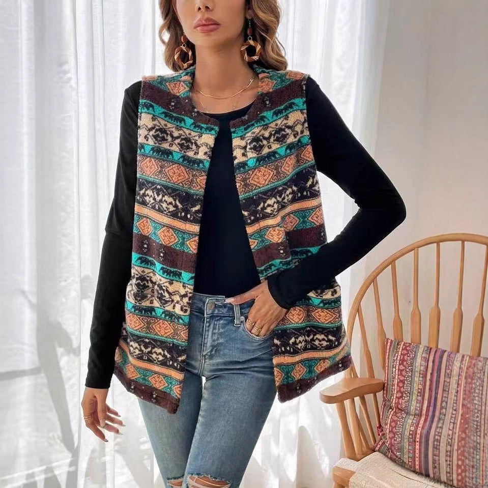 Women's Printed Double-sided Plush Buttonless Cardigan