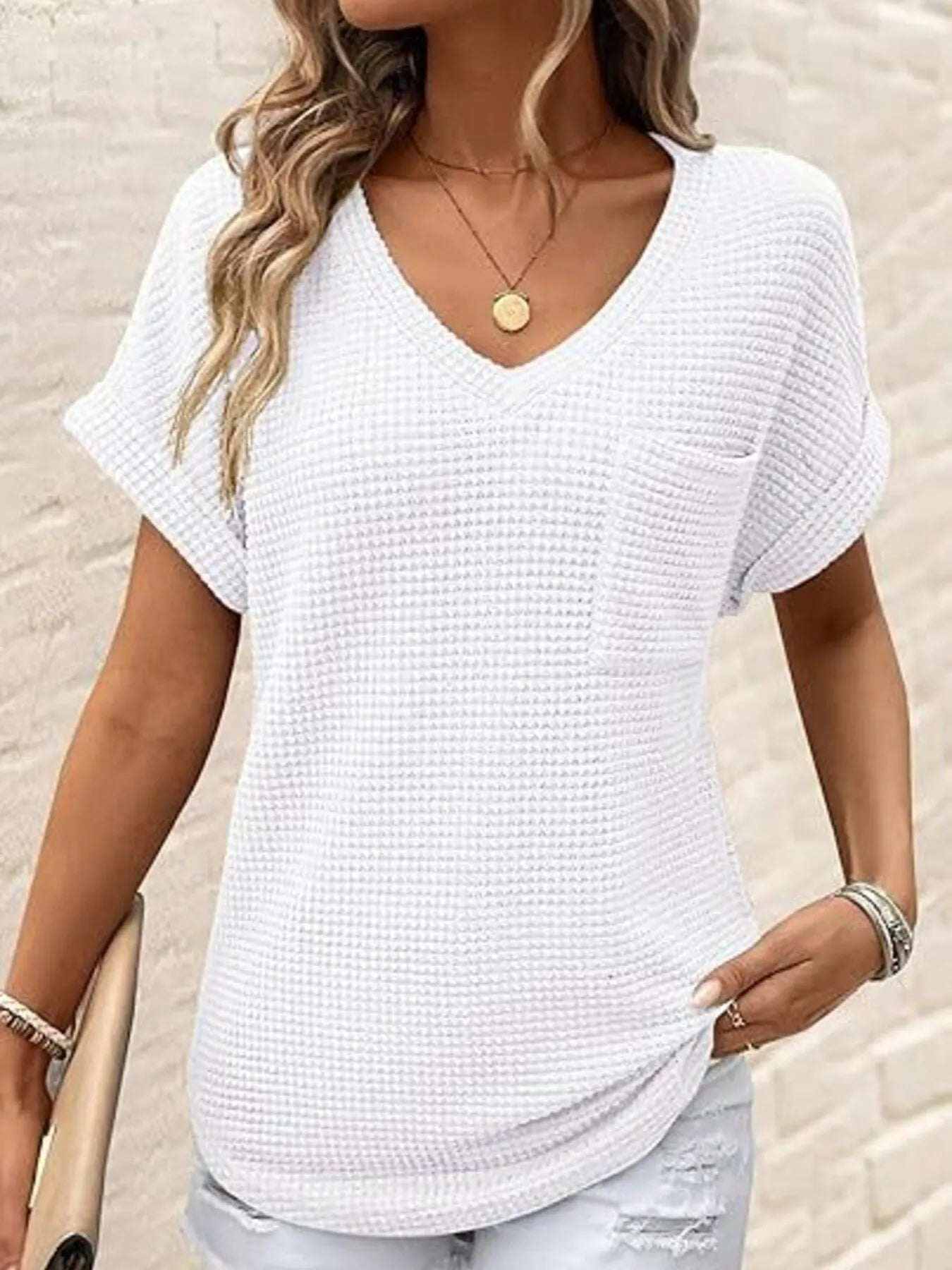 Waffle Knit V-Neck Casual T-Shirt