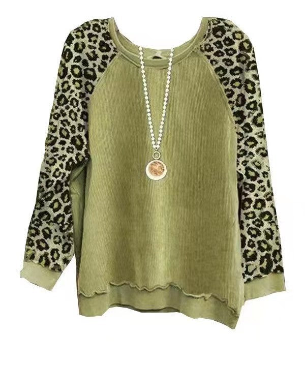 Womens Leopard-Print Patchwork Color-Block Long-Sleeve Top