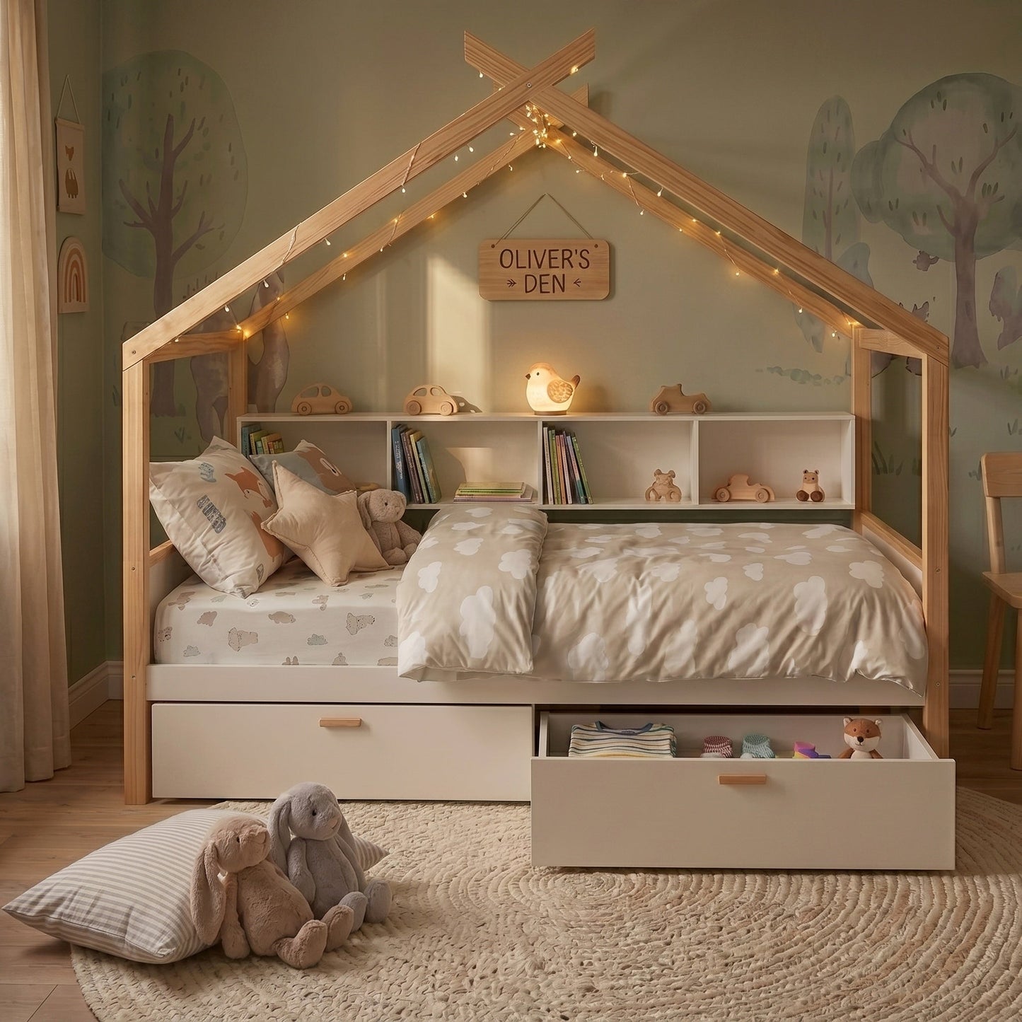 White Full Size Wooden House Bed with Two Drawers and Bookshelf Storage