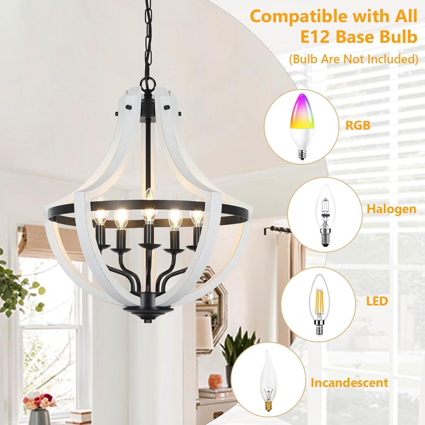 Chandelier 5-Light White Wood
