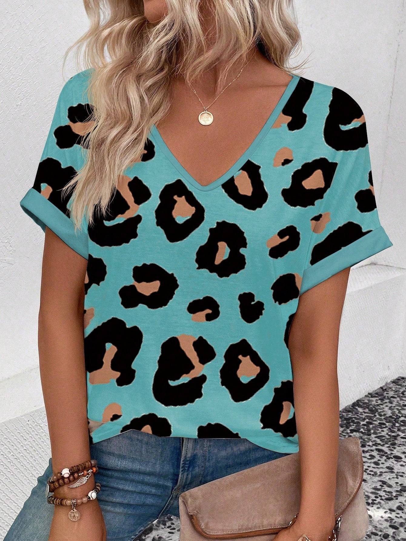 Womens Stylish Printed Slim-fit Short-sleeve Top