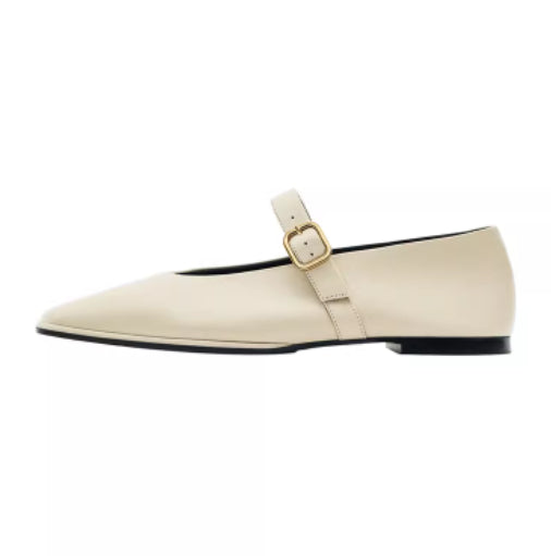 Genuine Leather Square-toe Flat Shoes For Women With Shallow Mouth And Single Strap