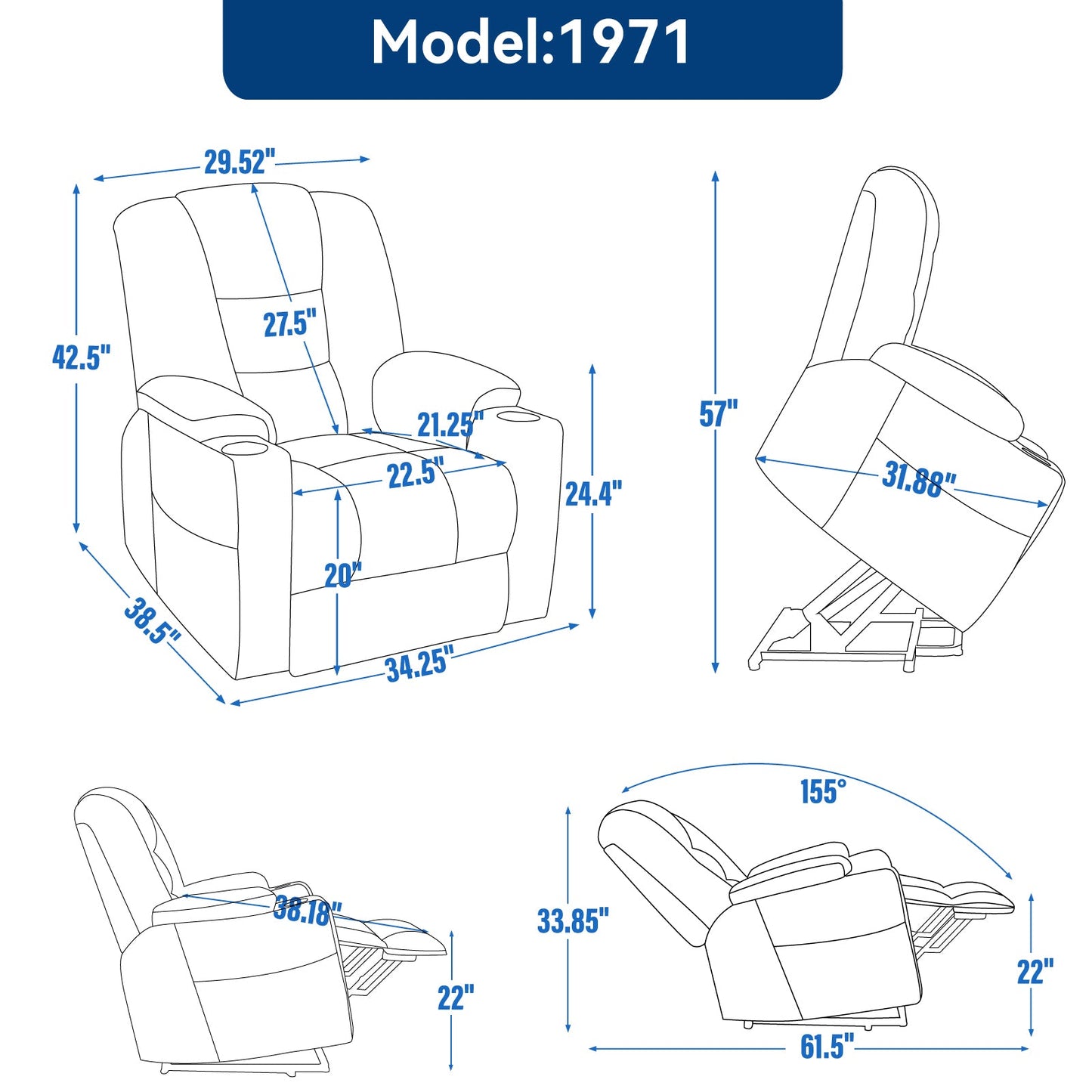 Lift Recliner Chair Power Chenille Blue Heat Massage USB Cup Holders 350 LB