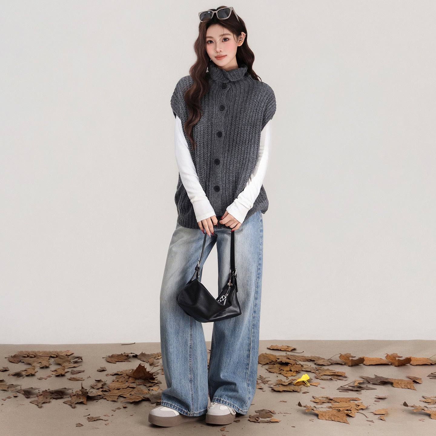 Grey Lapel Knitted Vest Sweater Warm Coat Women's Autumn And Winter Innerwear Top