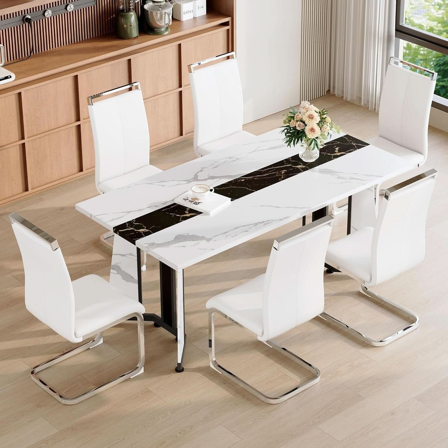 Dining Table Set For Six Seventy One Inch White Marble Top Leather Chairs