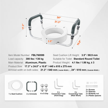 Raised Toilet Seat 3.5 In Height Aluminum Handrail EVA Padded Arms 300 LB