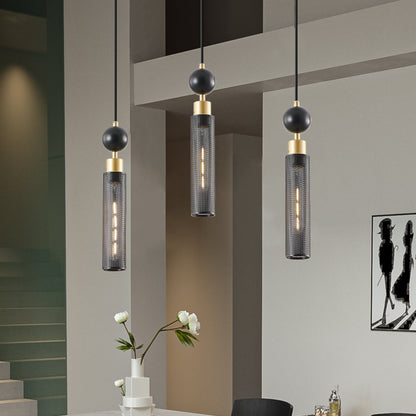 Chandelier 3-Light Black Gold Pendant Cylindrical Mesh Shades 25 In