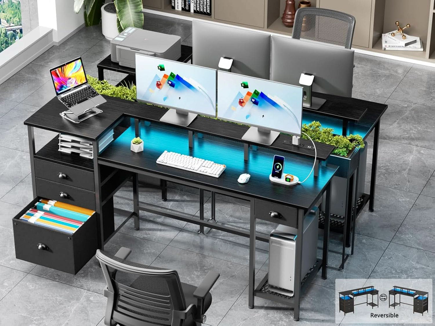 Black 60 Inch Computer Desk With 4 Drawers And Led Lights