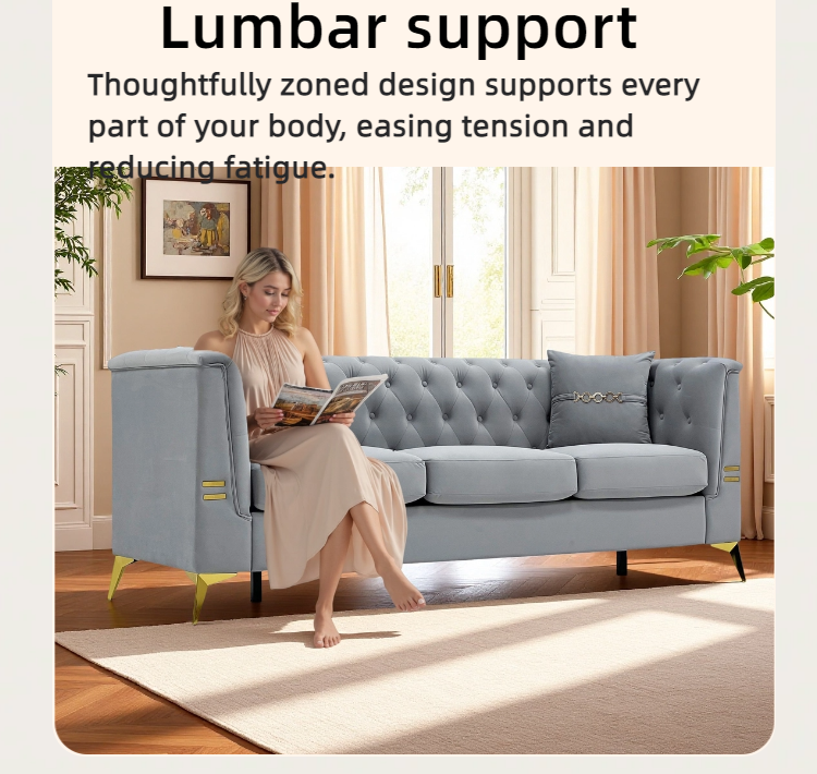 Mid-Century Velvet Sofa Set 2pc Tufted Gray Gold Legs