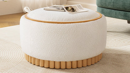29' Round Storage Ottoman with Solid Wood Legs, Boucle Fabric, No Assembly