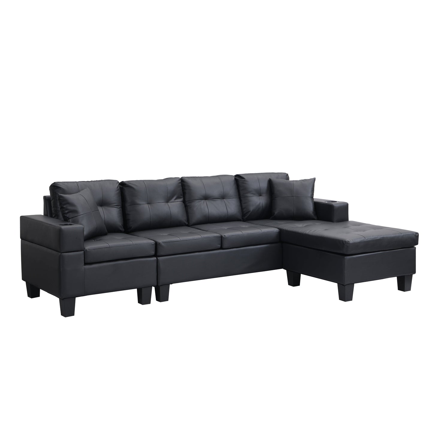Sectional Sofa L-Shape Chaise PU Leather Black 4-Seat Cup Holders 96x57 In