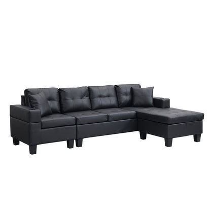 Sectional Sofa L-Shape Chaise PU Leather Black 4-Seat Cup Holders 96x57 In