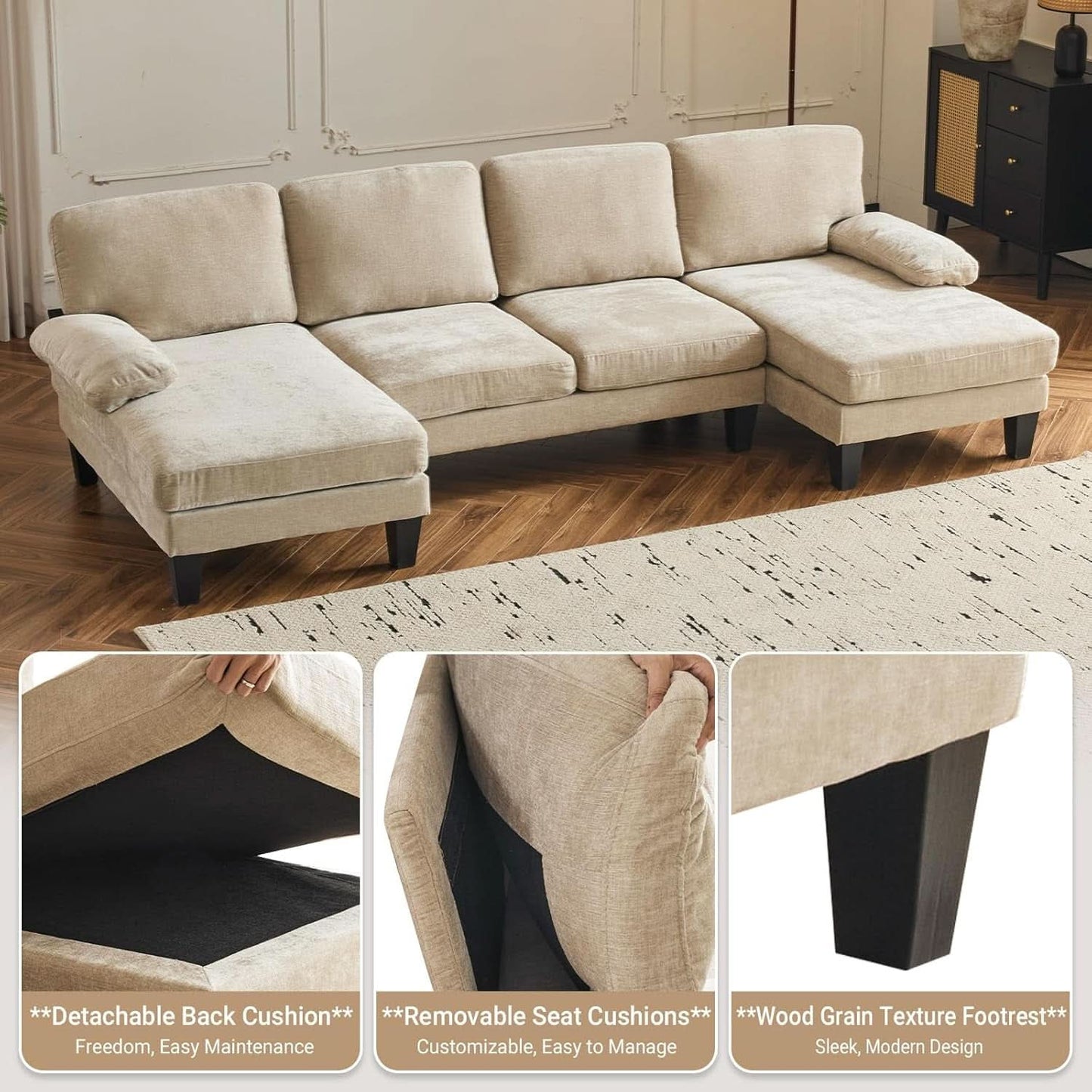 Light Khaki 110 Inch U Shape Sectional Sofa Double Chaise