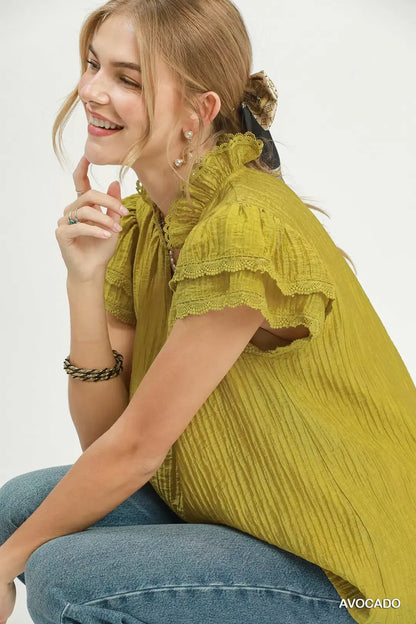 Umgee Lace Trim Ruffle Top