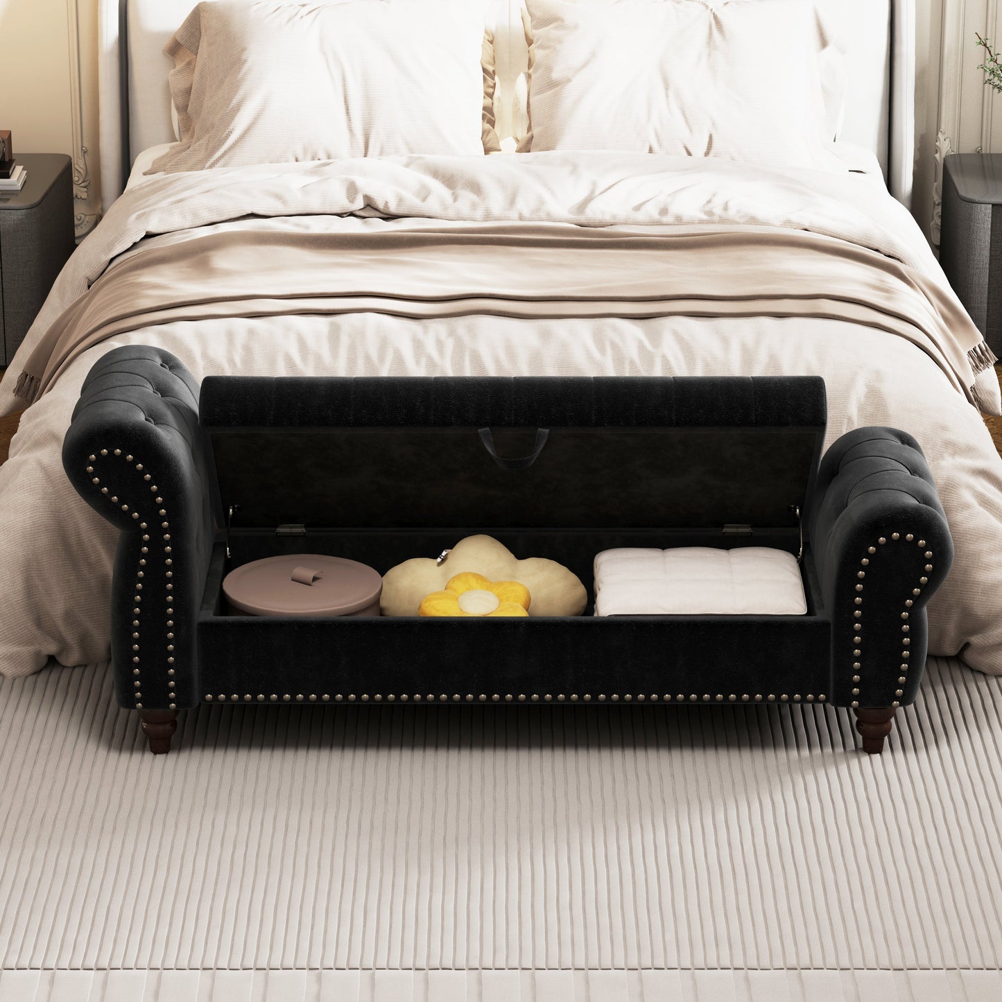 64.5 in Tufted Chaise Lounge Bench with Storage, Velvet Upholstery, Black