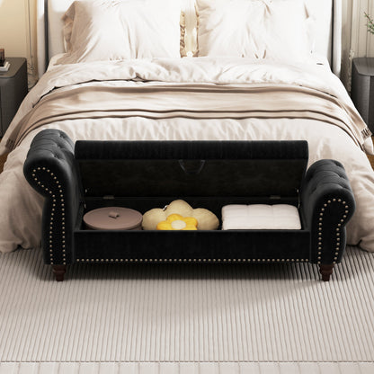 64.5 in Tufted Chaise Lounge Bench with Storage, Velvet Upholstery, Black