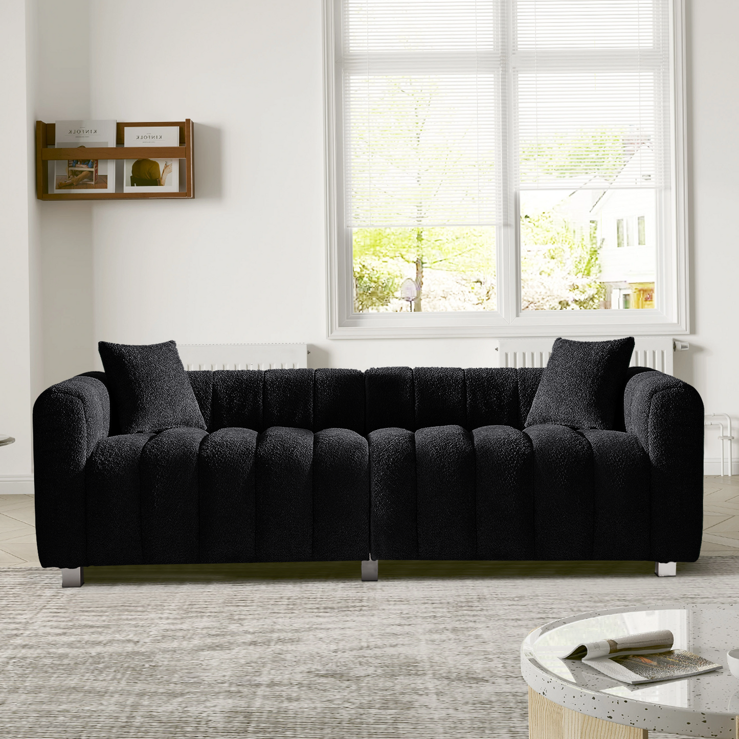 Sofa Modular Velvet Teddy Black 3 Seat Metal Legs 87 In 750 LB