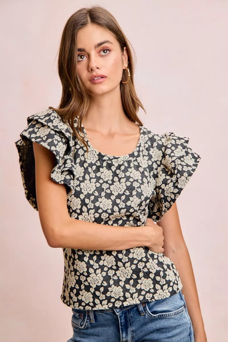 BiBi Floral Jacquard Ruffle Sleeves Knit Top