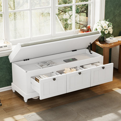 Entry Bench Fluted MDF White Cushioned Seat 3 Drawers 44x16x19