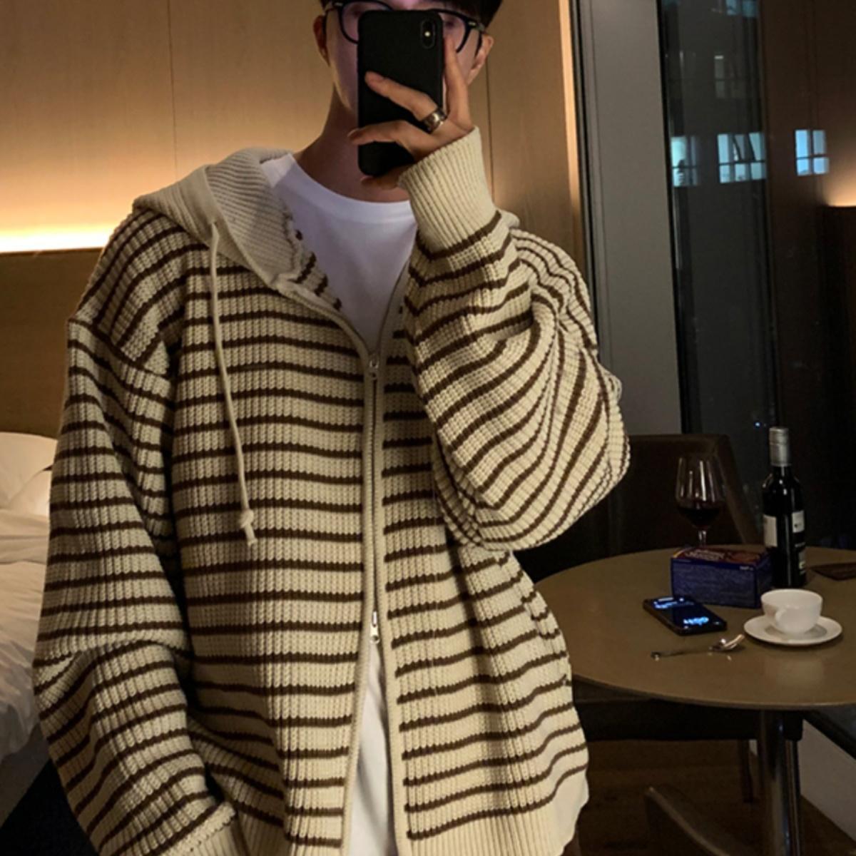 AutumnWinter Hooded Striped Sweater Cardigan Coat