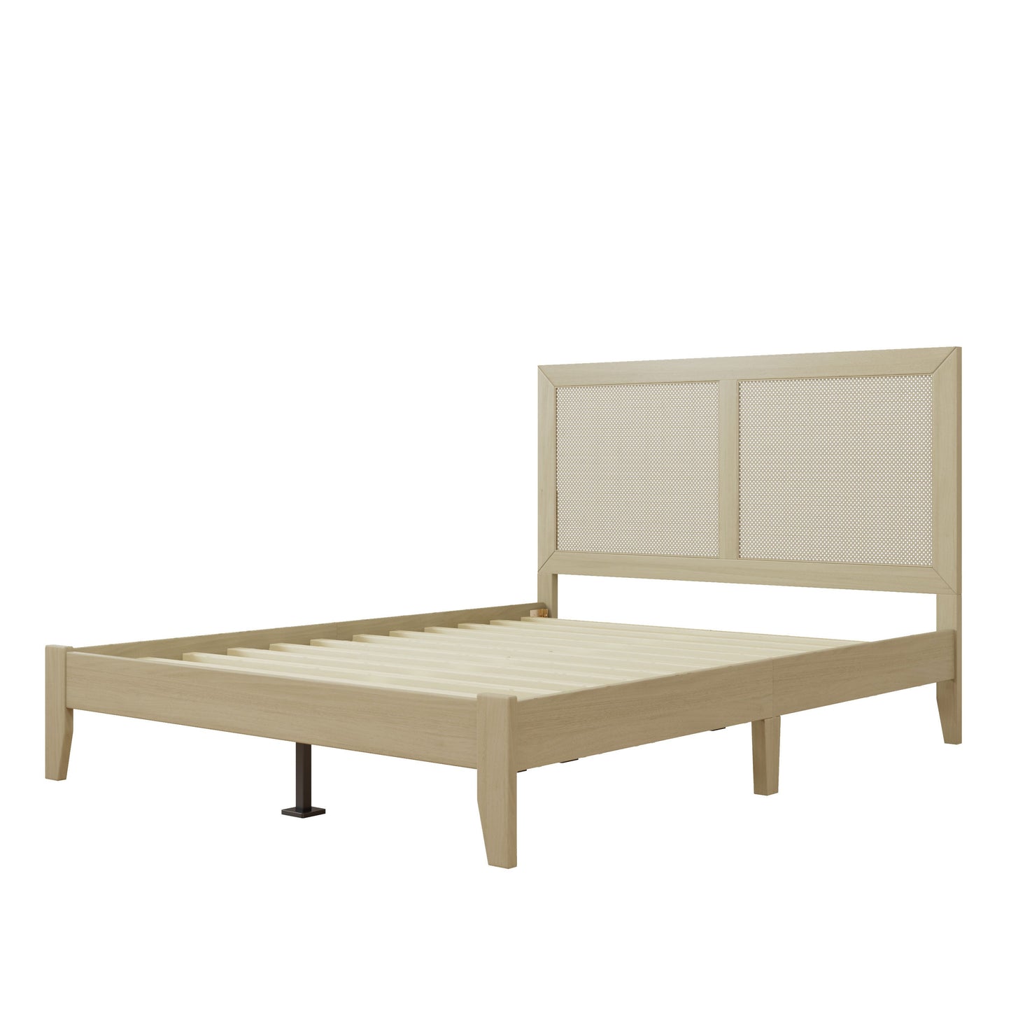 Solid Wood Platform Queen Bed With Rattan