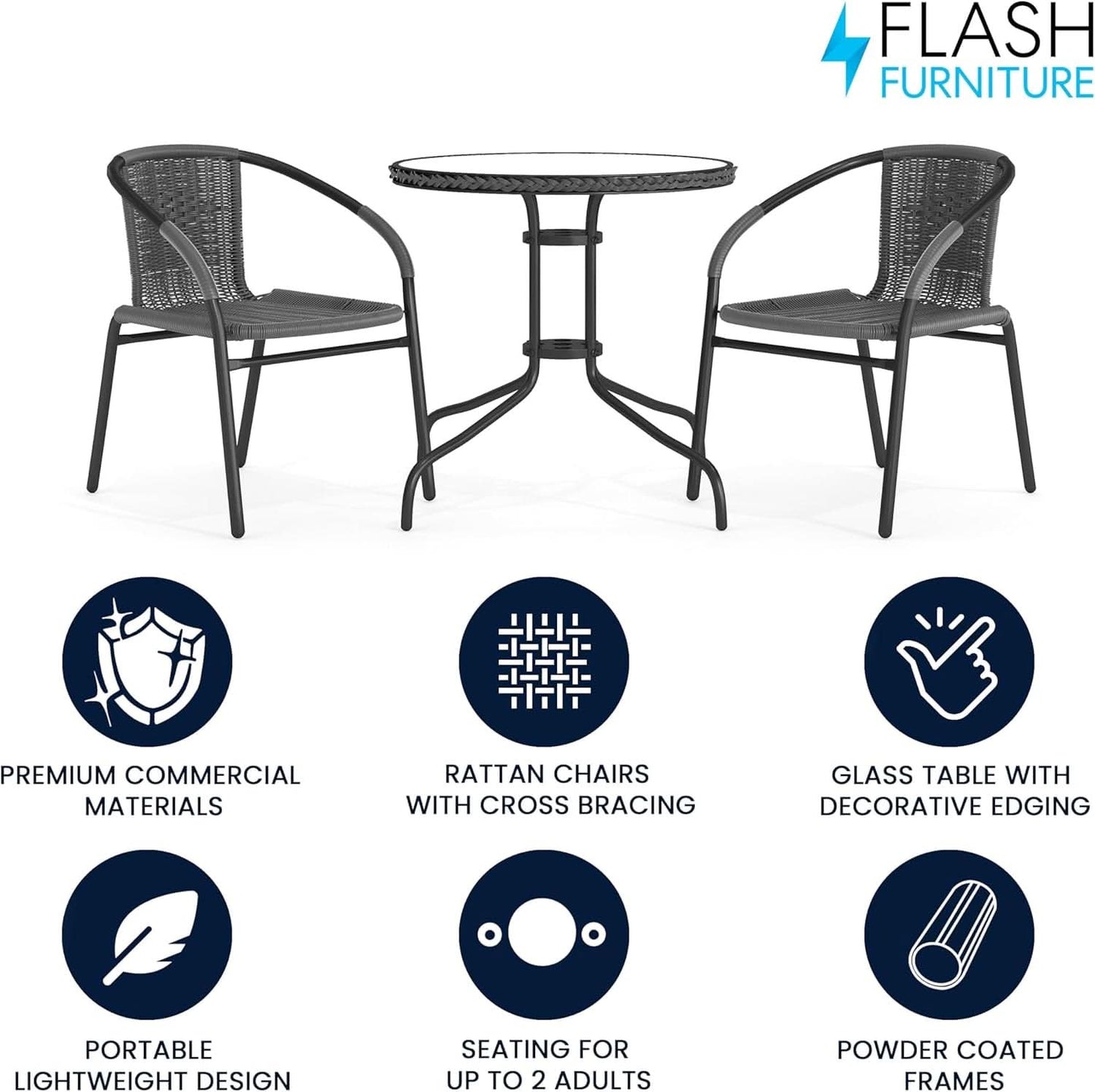 3-Piece Patio Dining Set With Round Glass Table And Stackable Rattan Chairs Gray