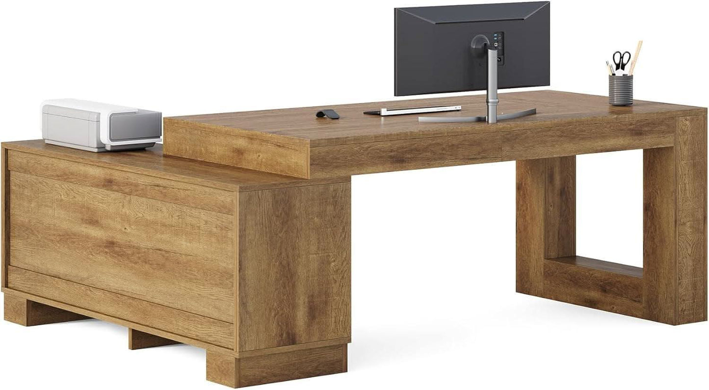 Brown 63 Inch Long L Shaped Desk With Sliding Cabinets
