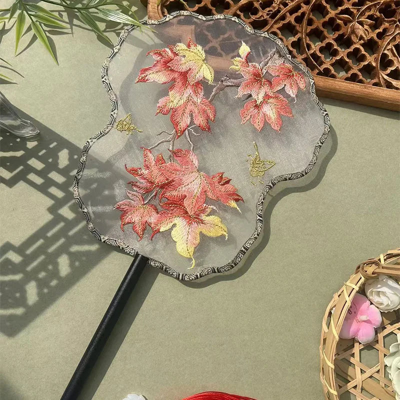 Ancient Style Fan Chinese Style Hanfu Dance Shooting Long Handled Embroidered Classical Double Sided Fan Female Decorative Fan