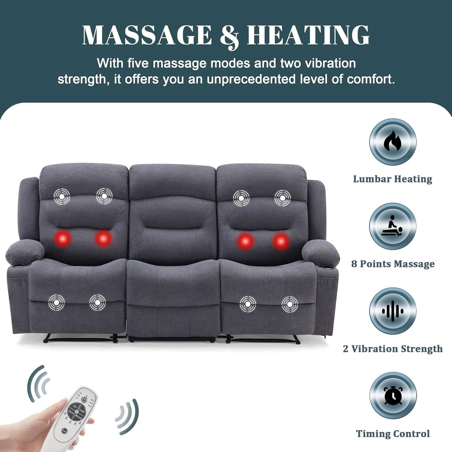 Oversized Charcoal Grey Recliner Sofa With USB Port And Heated Massage