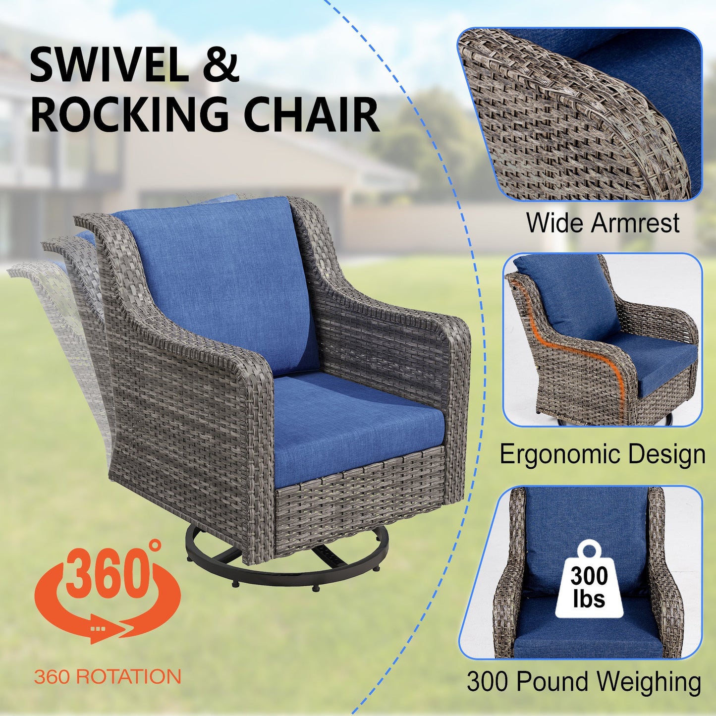 Outdoor Patio Set PE Rattan Swivel Chairs Gray Blue