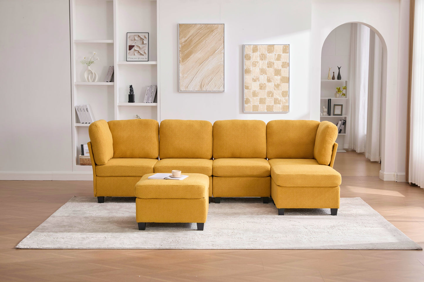 Sectional Sofa U-Shape 6 Seat Mustard Yellow Storage Ottoman