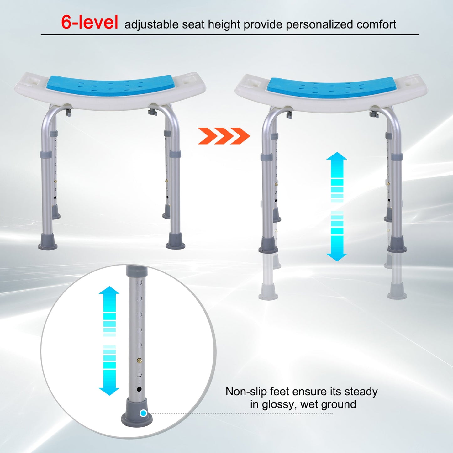 Shower Stool Curved Seat Aluminum Blue 6-Level Adjustable Non-Slip 300 LB