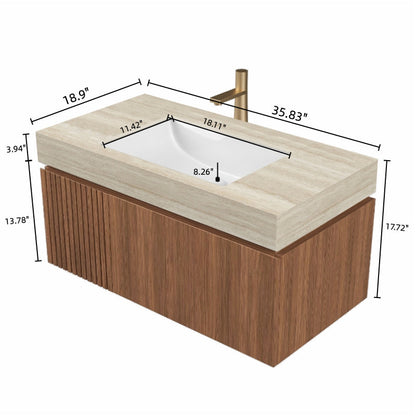 36' Bathroom Vanity with Sink, Floating Plywood Cabinet Roma Travertine Sintered Stone