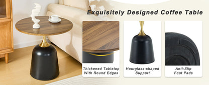 23.6 in Round Side Table, Metal Base, Walnut Wood Grain, Living Room Office