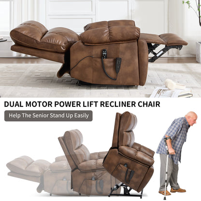 Lift Recliner Chair Power Faux Leather Brown Dual Motor Heat Massage 350 LB