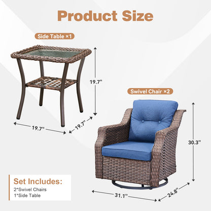 Outdoor Patio Wicker Swivel Rocker 3 Piece Set Blue