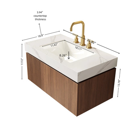 36' Bathroom Vanity with Sink, Floating Plywood Cabinet Carrara White Sintered Stone