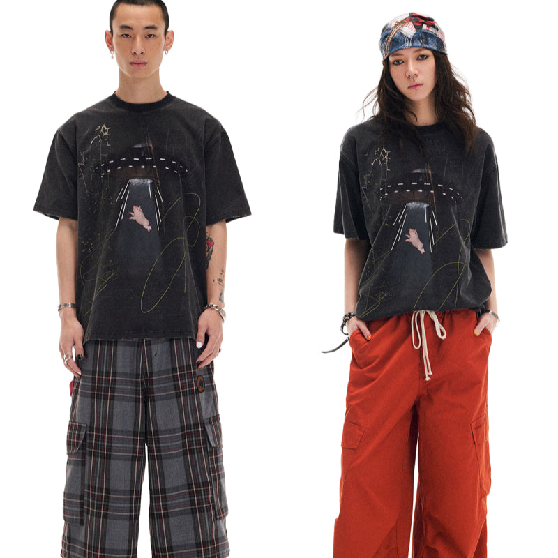 Orange Short-Sleeve T-Shirt With A Flying Saucer And Piglet Print
