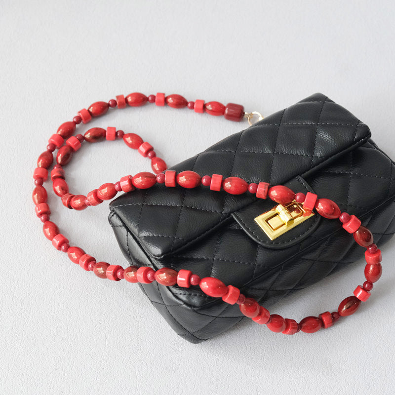 Fashionable Red Beaded Chain Accessory Crossbody Lanyard Bag