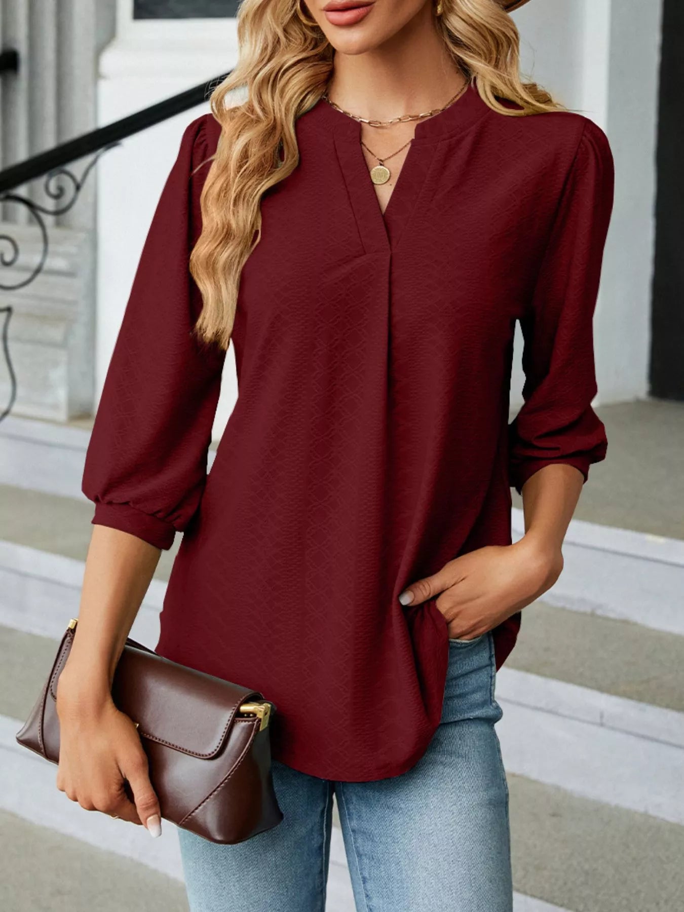 Notched 3/4 Sleeve Casual Top