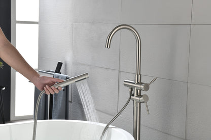 Floor Mounted Tub Faucet High Flow Freestanding Tub Filler with Handheld Shower Swivel