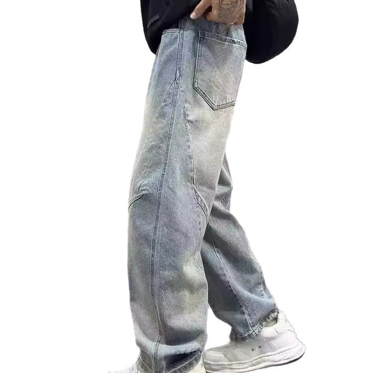 Patchwork Vintage Washed Loose Straight-leg Pants American-style Edgy And Cool Sabre-cut Trousers