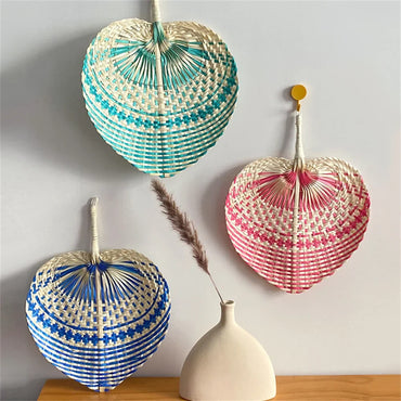 Colorful Handmade Fan Chinese Style Heart Shaped Straw Bamboo Woven Fan Summer Anti-Mosquito Cooler Handfan Home Decor Pendants