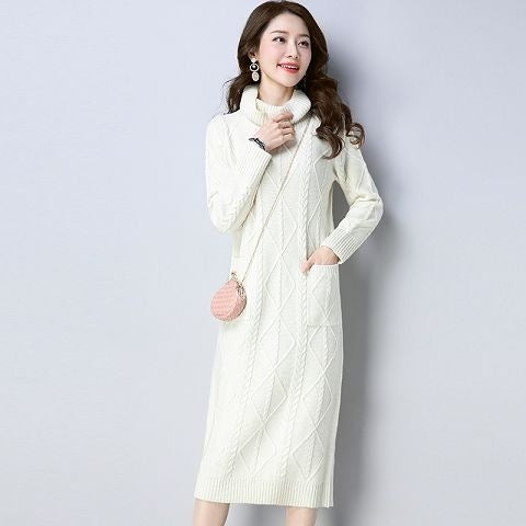 Womens High-neck Long Fleece-lined Extra-thick Loose-fitting Sweater